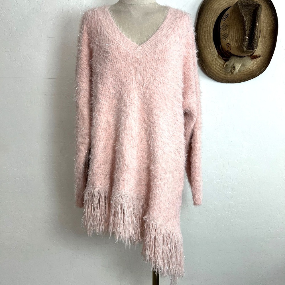 Pink Fuzzy Eyelash Knit Asymmetrical Fringe Sweater Sz M Metallic Sparkle V Neck